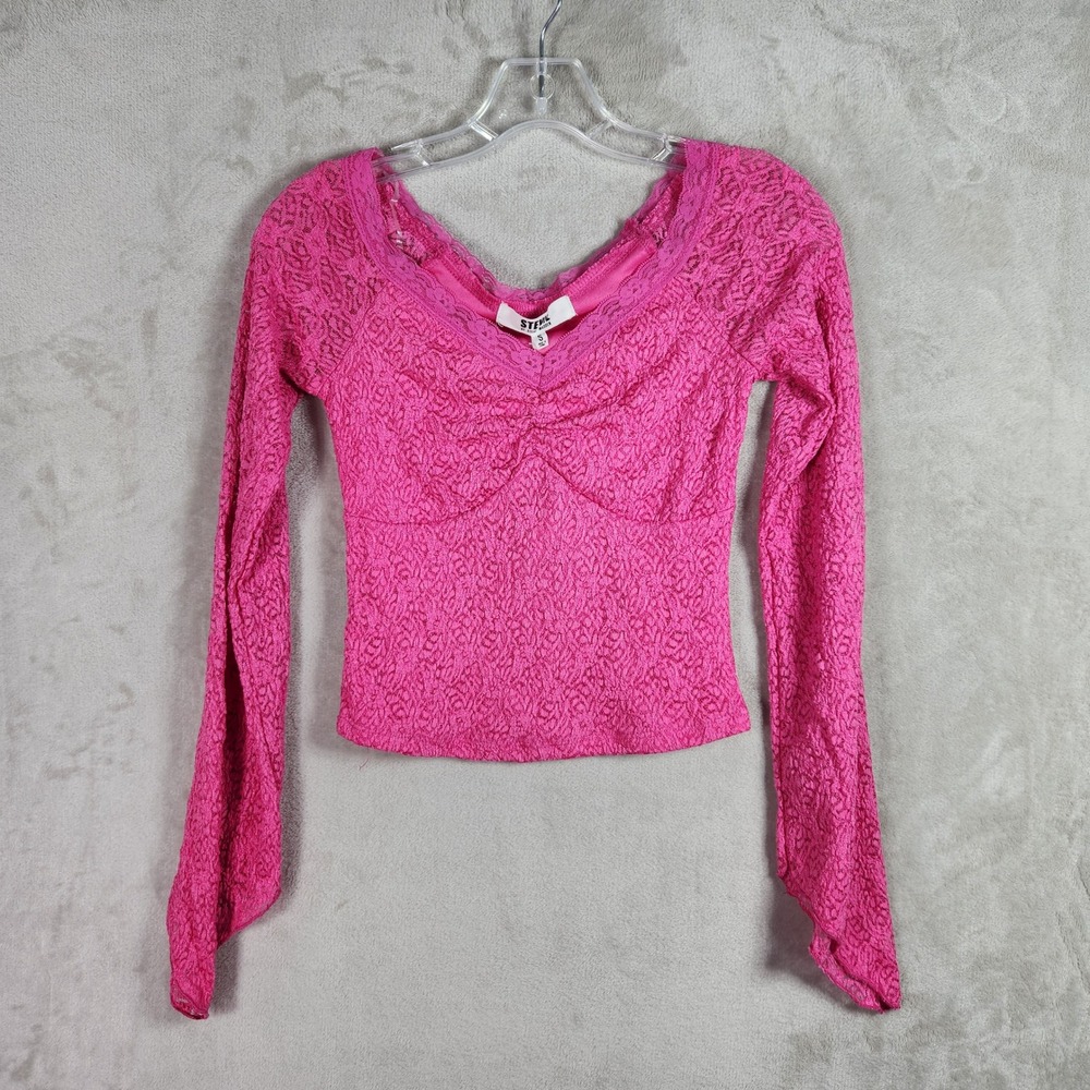 Steve Madden Lace Top Womens Small Carmine Rose Pink Bell Sleeve Feminine Fairy